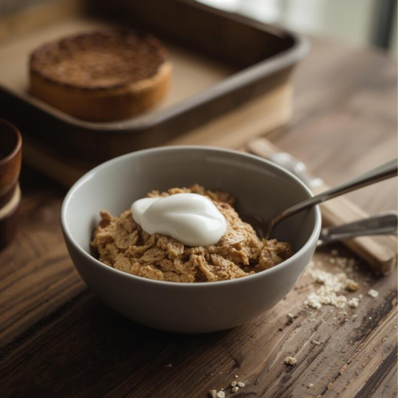 Warm baked oatmeal squares topped with creamy yogurt and fresh apples served in a square baking dish